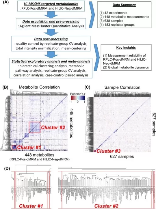 Correlation heatmap example from Lee et al 2019 showing metabolite-level and sample-level Pearson correlation heatmaps with hierarchical clustering